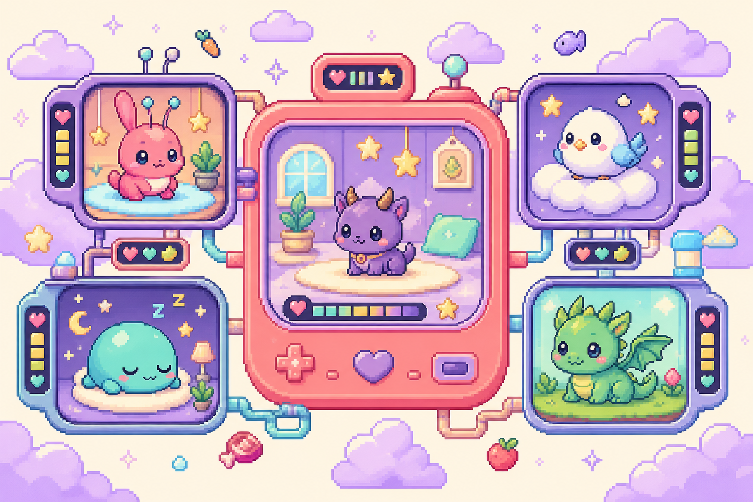 Five Gotchi pets in connected digital habitats